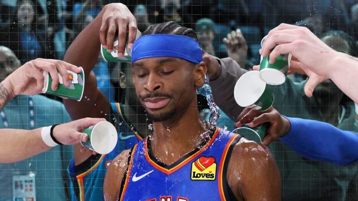 Oklahoma City Thunder star Shai Gilgeous-Alexander celebrating during an NBA game after breaking Wilt Chamberlain’s record for most consecutive games scoring 20 or more points.