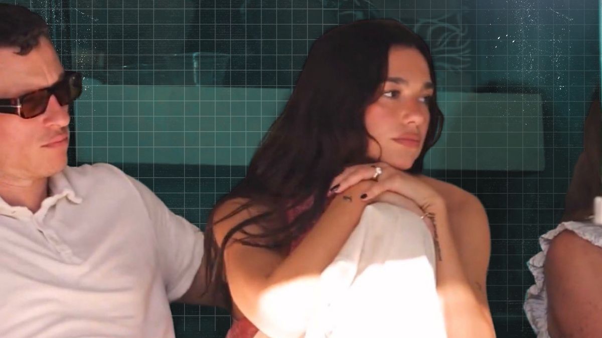 Dua Lipa reacting while watching the intense tennis match between Carlos Alcaraz and Daniil Medvedev at the Indian Wells tournament.