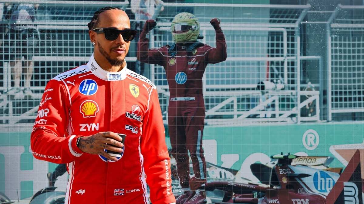 Lewis Hamilton celebrating on the podium wearing Ferrari racing suit after finishing in the top three in a Formula 1 race.
