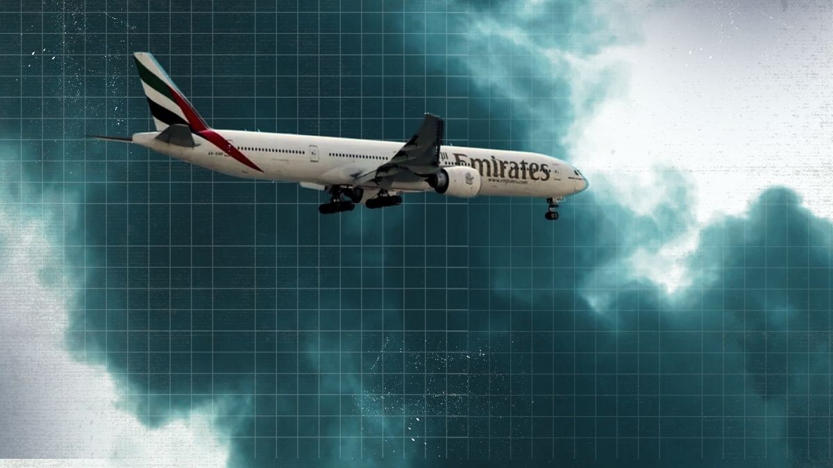 Fuel tanks on fire near Dubai International Airport with thick black smoke rising into the sky as emergency responders react.