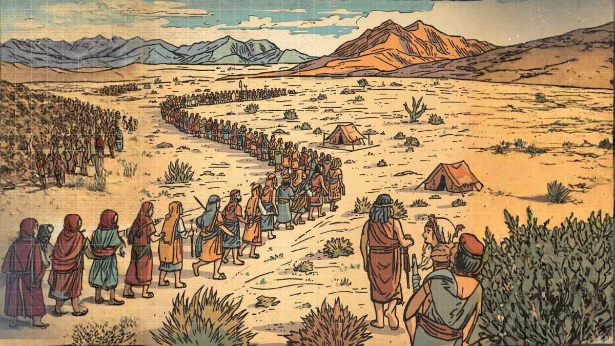 Vintage cartoon illustration of Israelites walking past a neighboring land without entering it, symbolizing respect for boundaries, desert landscape with mountains and two separate groups.