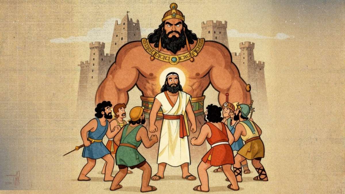 Vintage cartoon illustration of Israelites facing a large giant king with a fortified city behind him, symbolic overwhelming battle scene with Moses standing confidently.