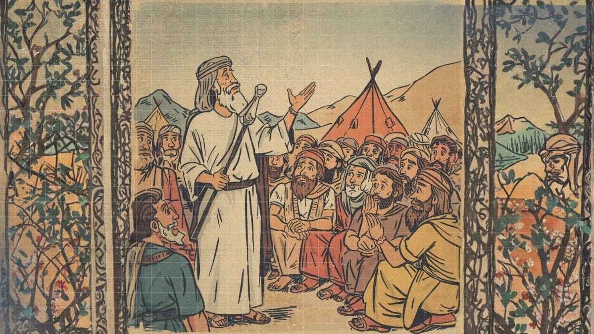 Vintage cartoon illustration of Moses reminding the Israelites while pointing upward, symbolic teaching and remembrance scene with desert mountains in background.