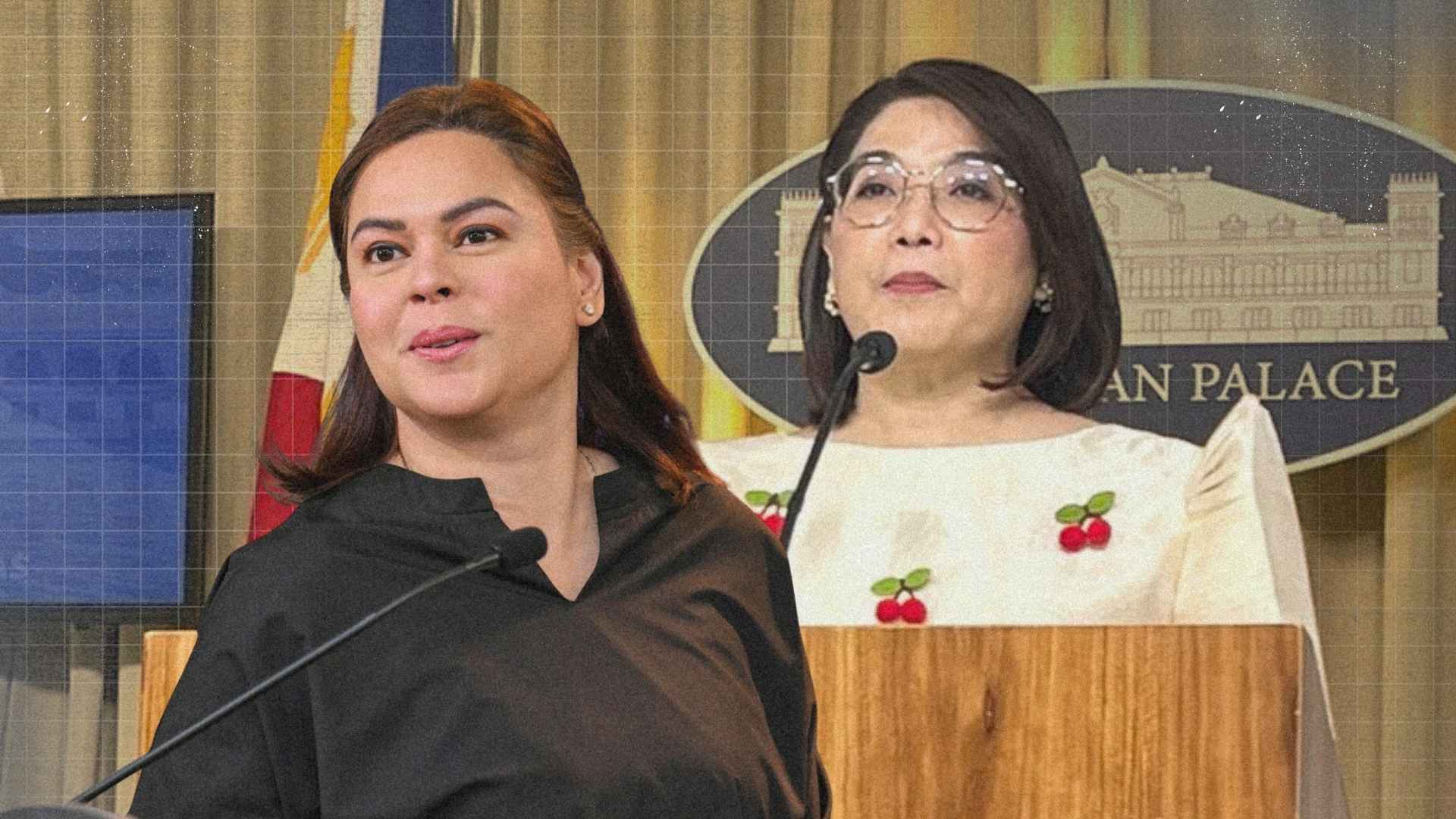 Vice President Sara Duterte speaking to media with reaction being analyzed while Palace official Claire Castro responds to the statement