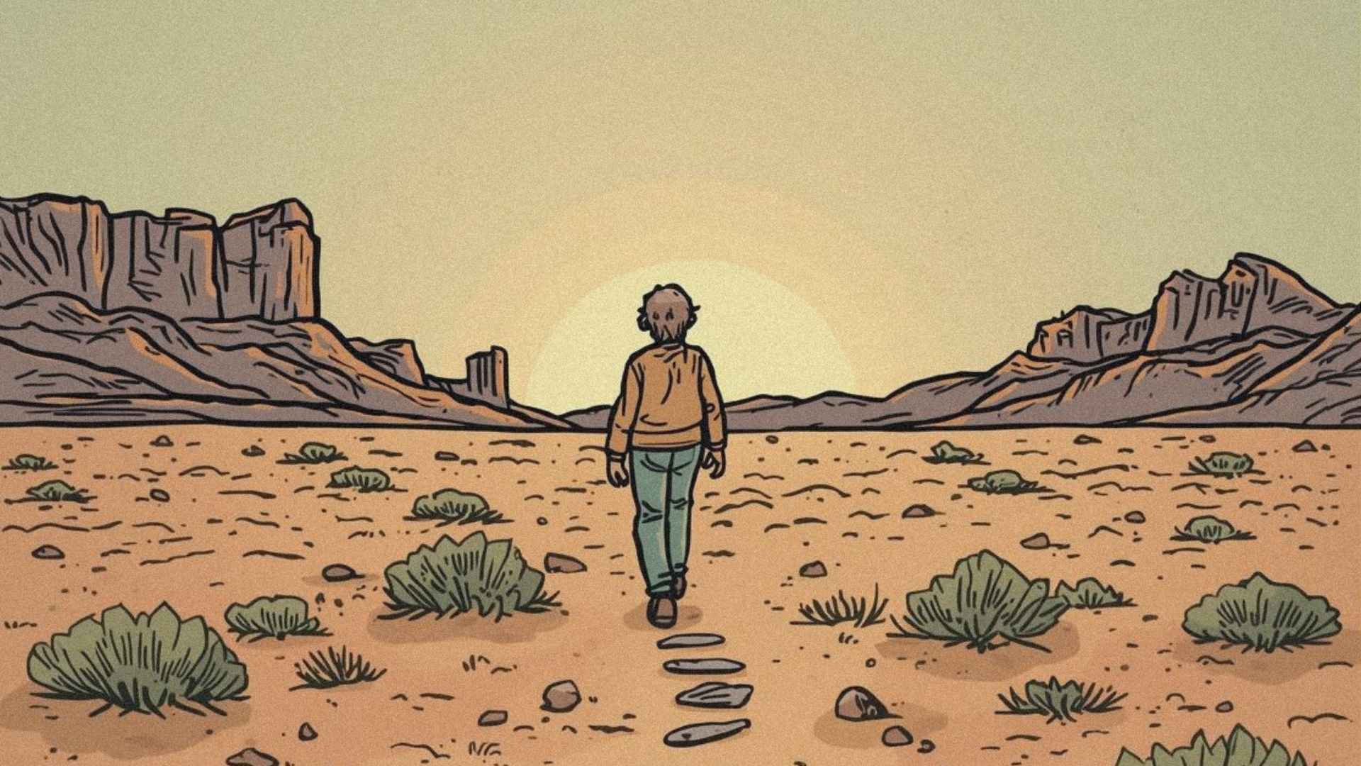 Vintage cartoon illustration of a person walking back toward a light in the distance symbolizing returning to God, desert landscape with mountains.