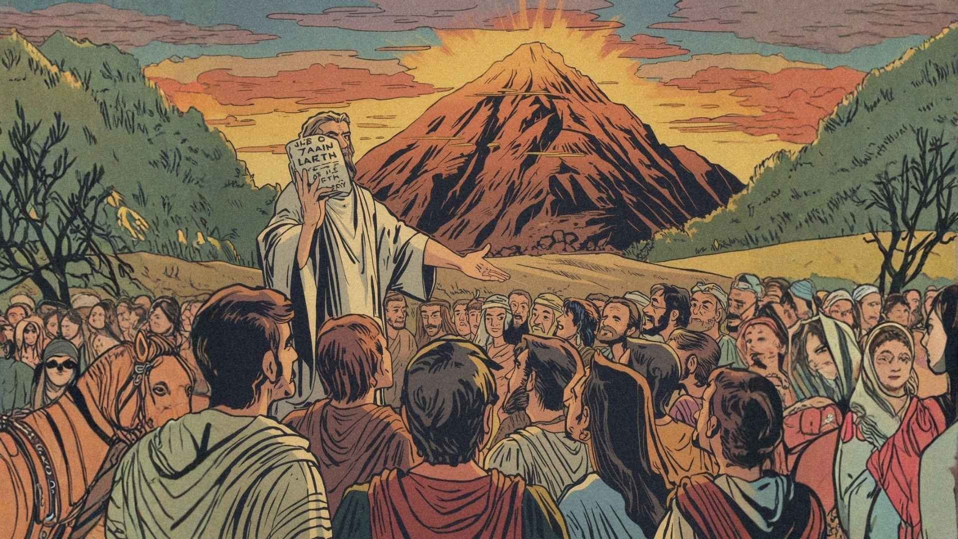 Vintage cartoon illustration of Moses speaking to a new generation of Israelites, repeating the Ten Commandments with Mount Sinai in the background.