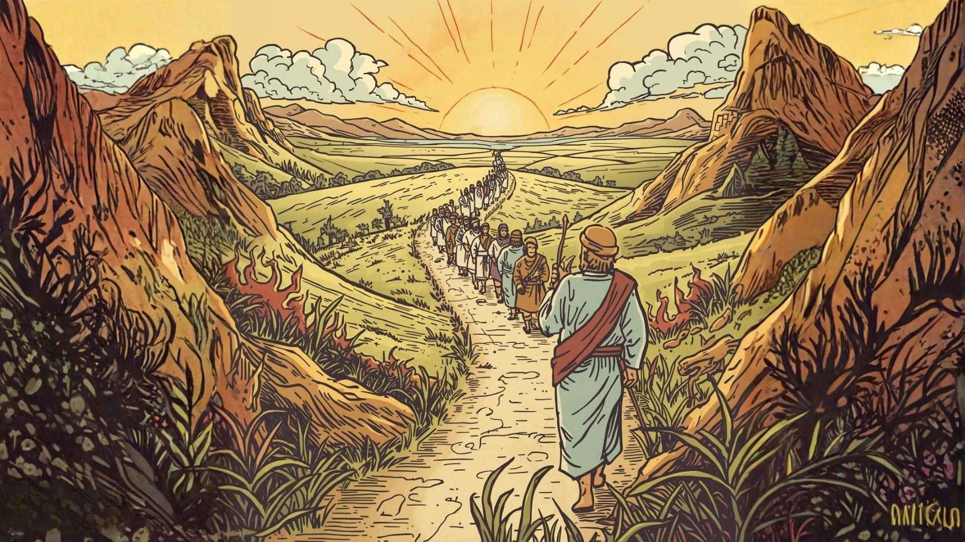 Vintage cartoon illustration of Moses holding stone tablets while teaching Israelites, symbolic law as guidance and truth.