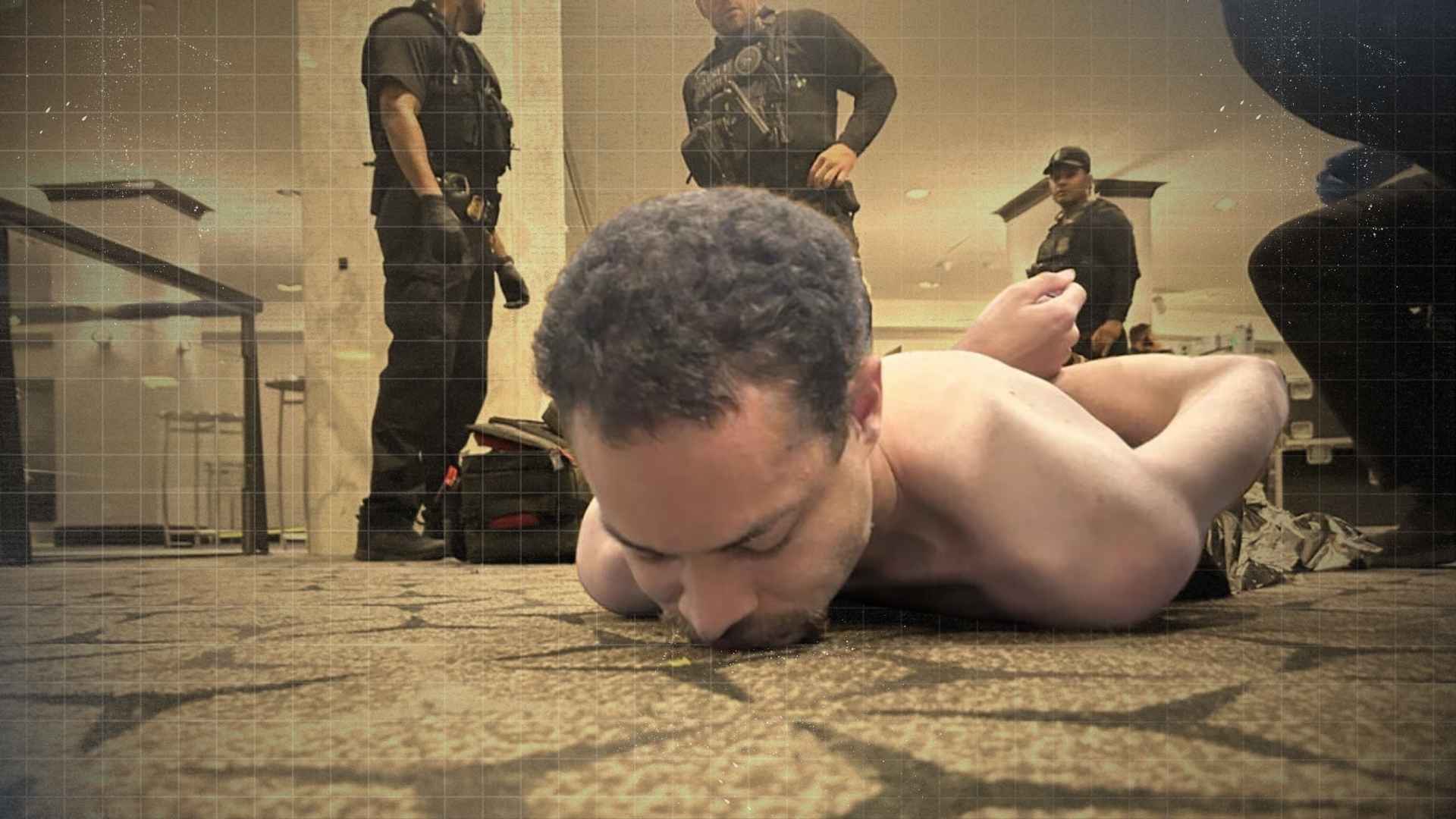 AI-enhanced security footage showing a low-quality video being processed to reveal details of an alleged incident.