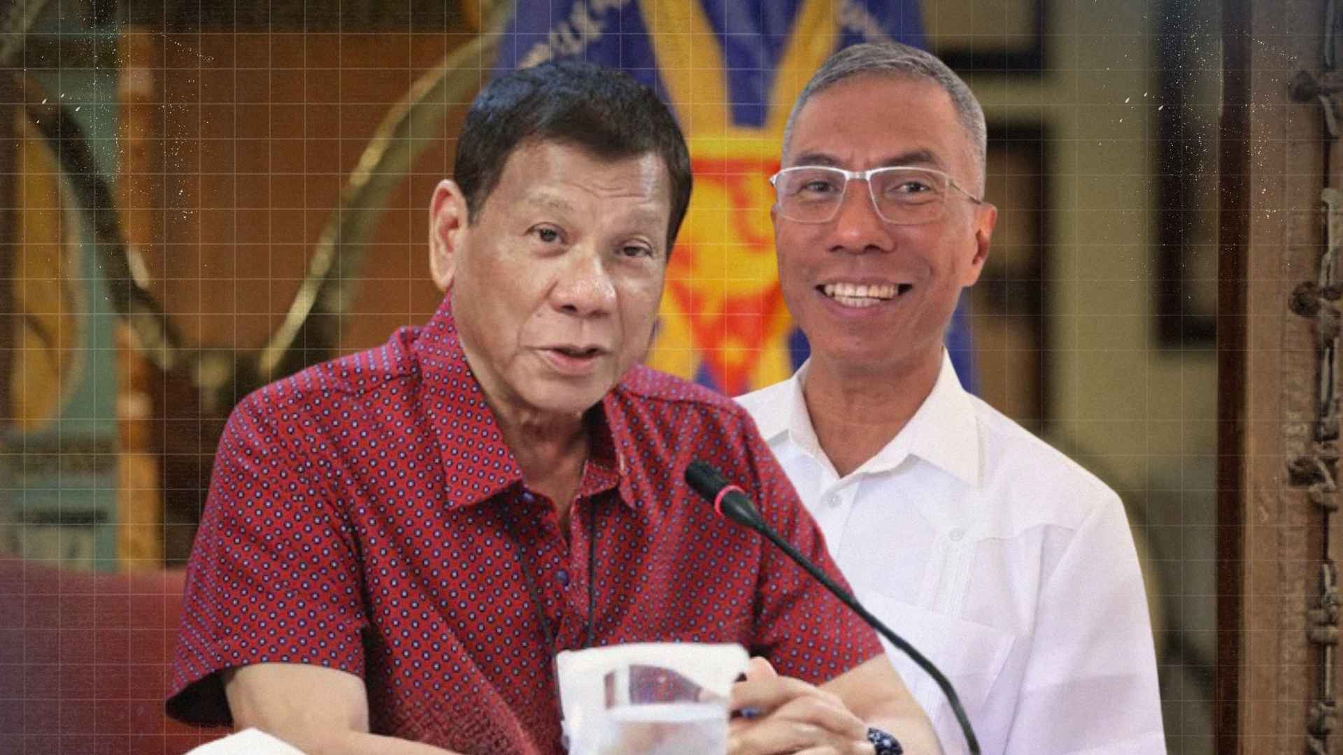 Nicolas Torre III speaking at a podium alongside an image of former President Rodrigo Duterte, symbolizing political statements and ongoing legal processes.