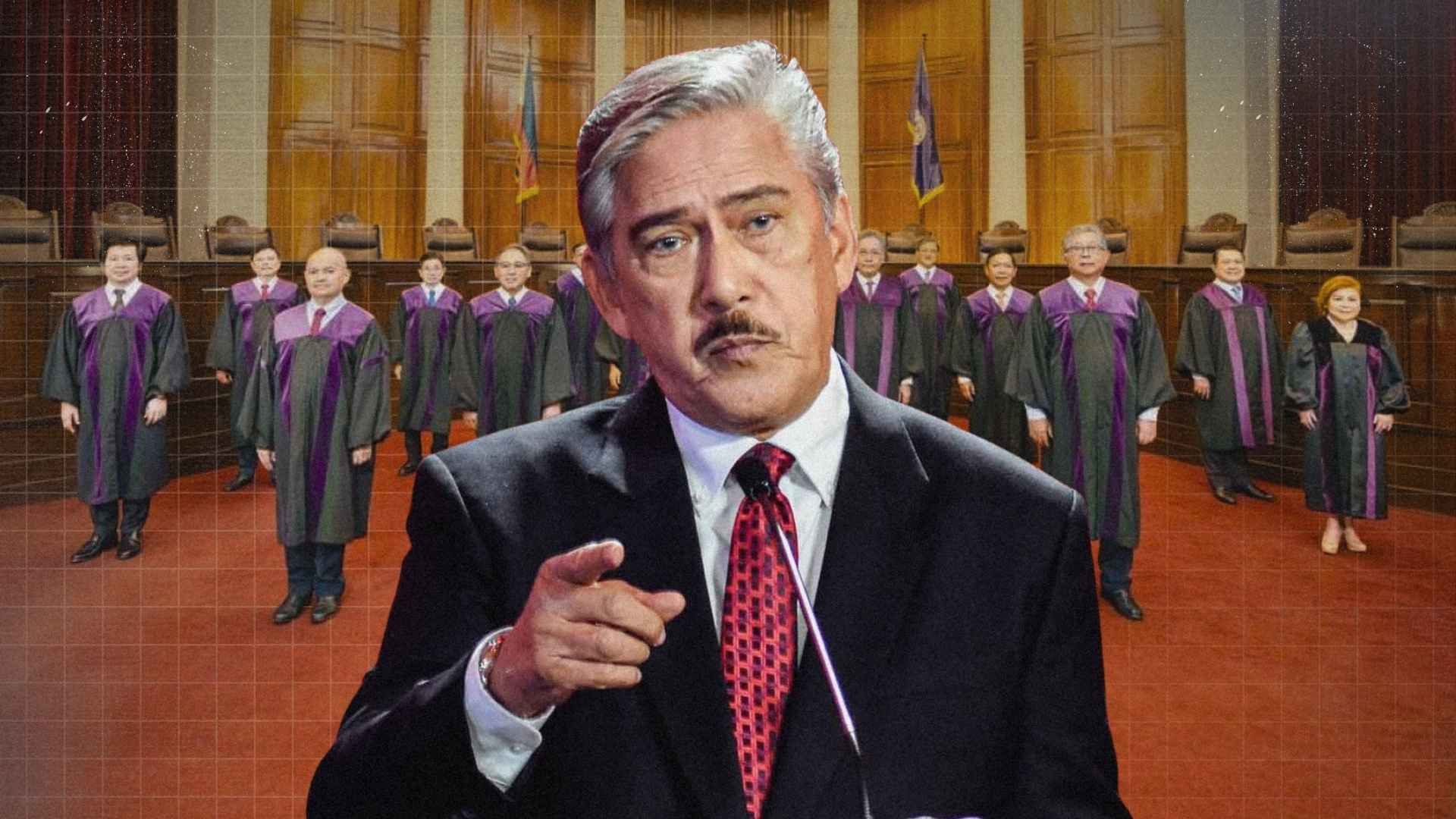 Former Senate President Tito Sotto with Supreme Court justices in the background symbolizing tension between judiciary and legislature