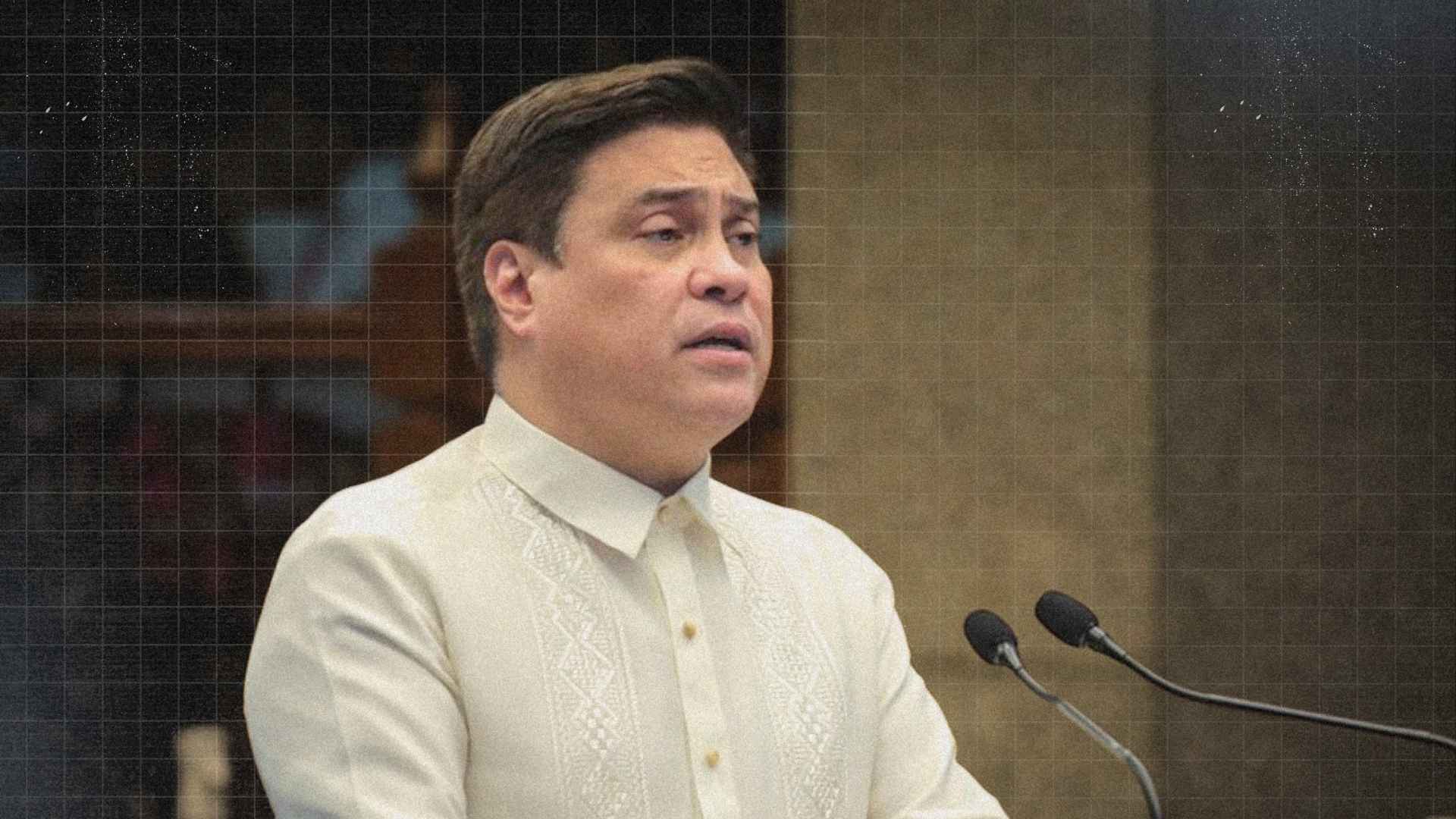 Migz Zubiri speaking during an interview while discussing his decision to join the Senate minority bloc after recent tensions inside the Senate.