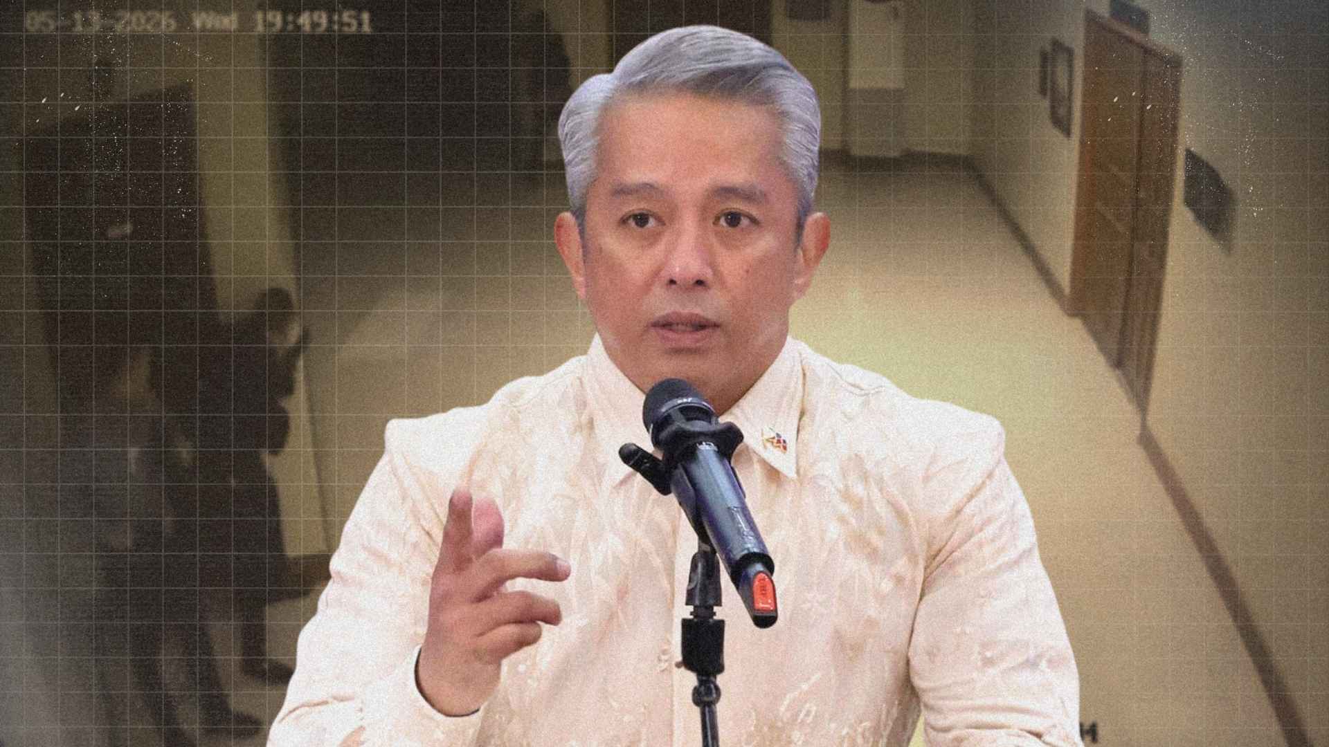 Interior Secretary Jonvic Remulla speaking to the media while discussing findings related to the alleged Senate siege incident.