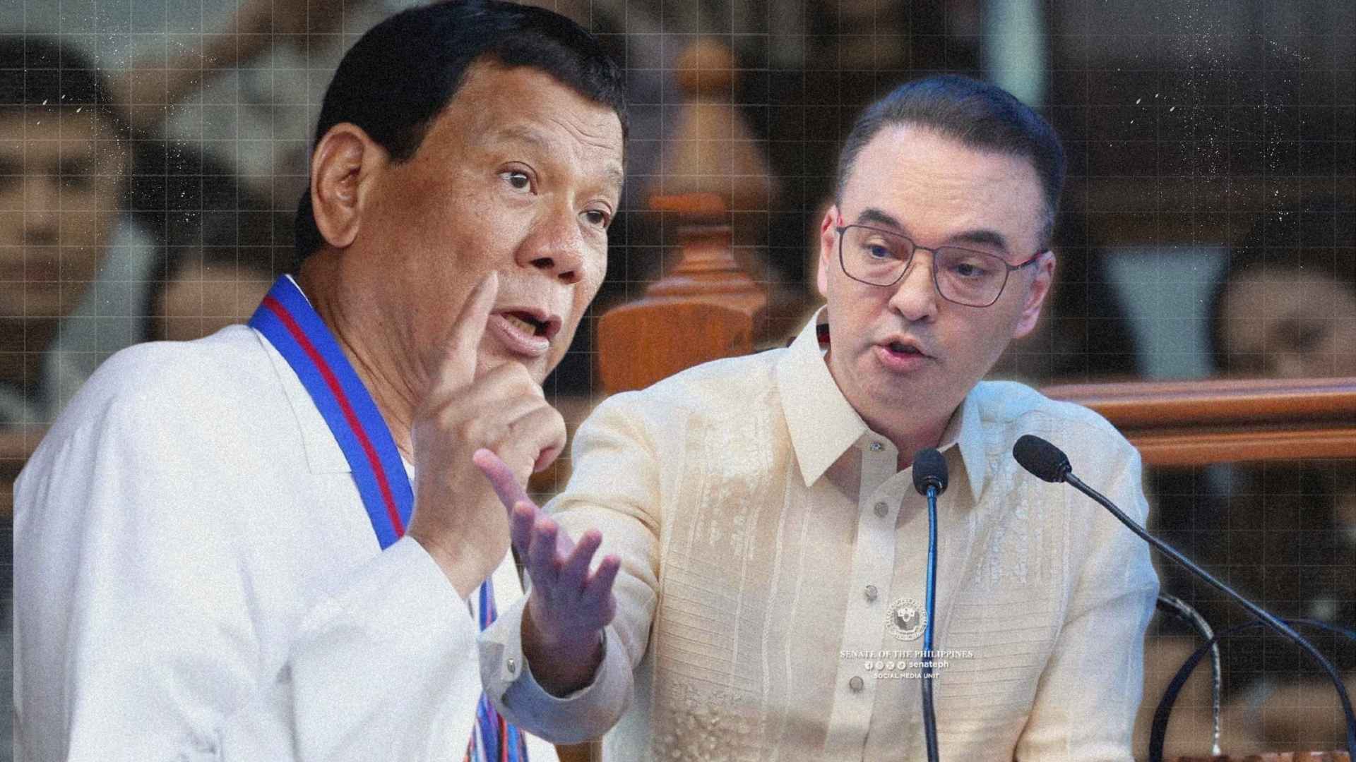 A dramatic political illustration showing Alan Peter Cayetano discussing Duterte’s war on drugs amid ICC scrutiny, public debate, and political tension in the Philippines.