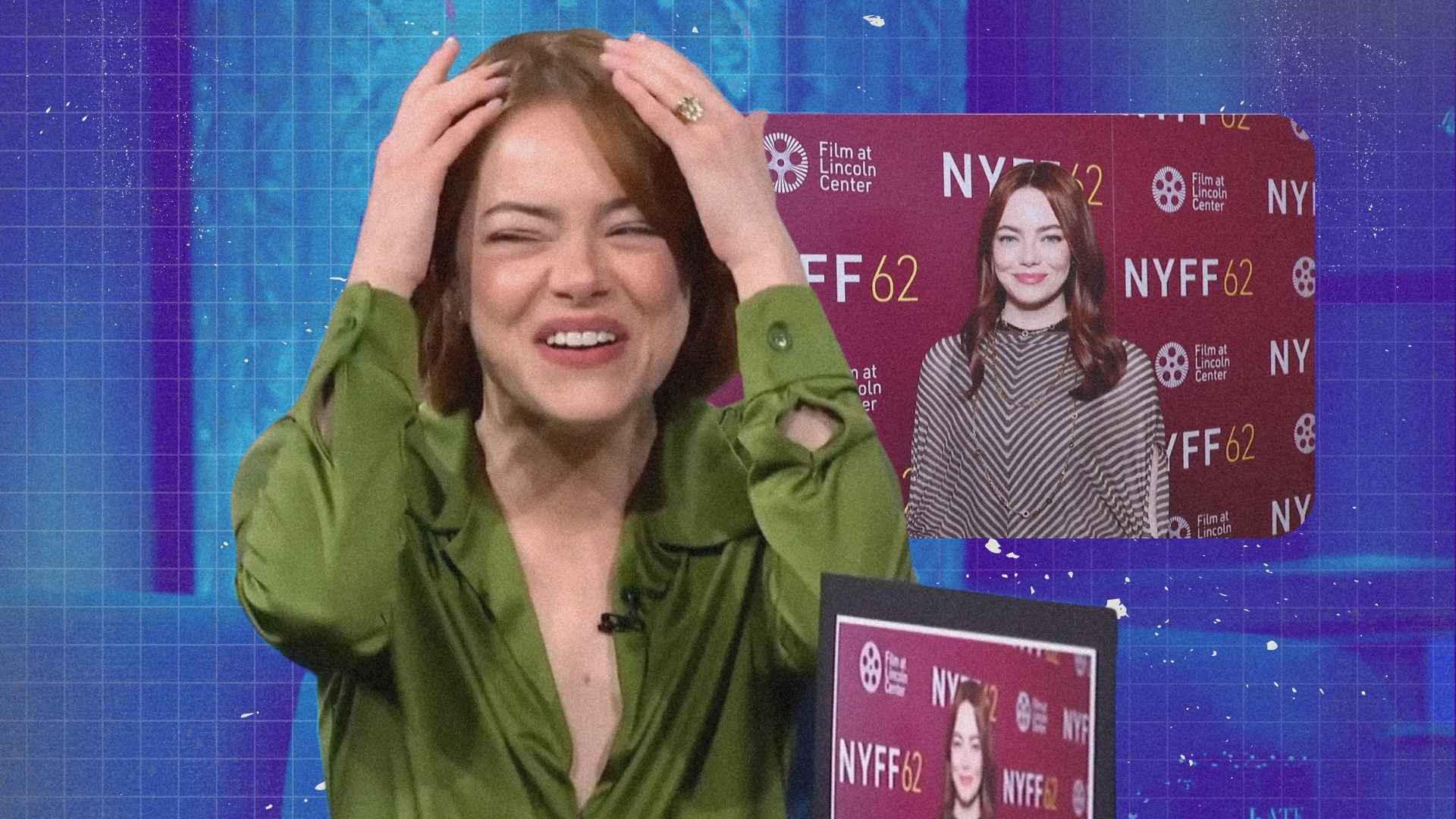 Emma Stone smiling during an interview while discussing how she accidentally revealed her shaved head beneath a realistic wig.