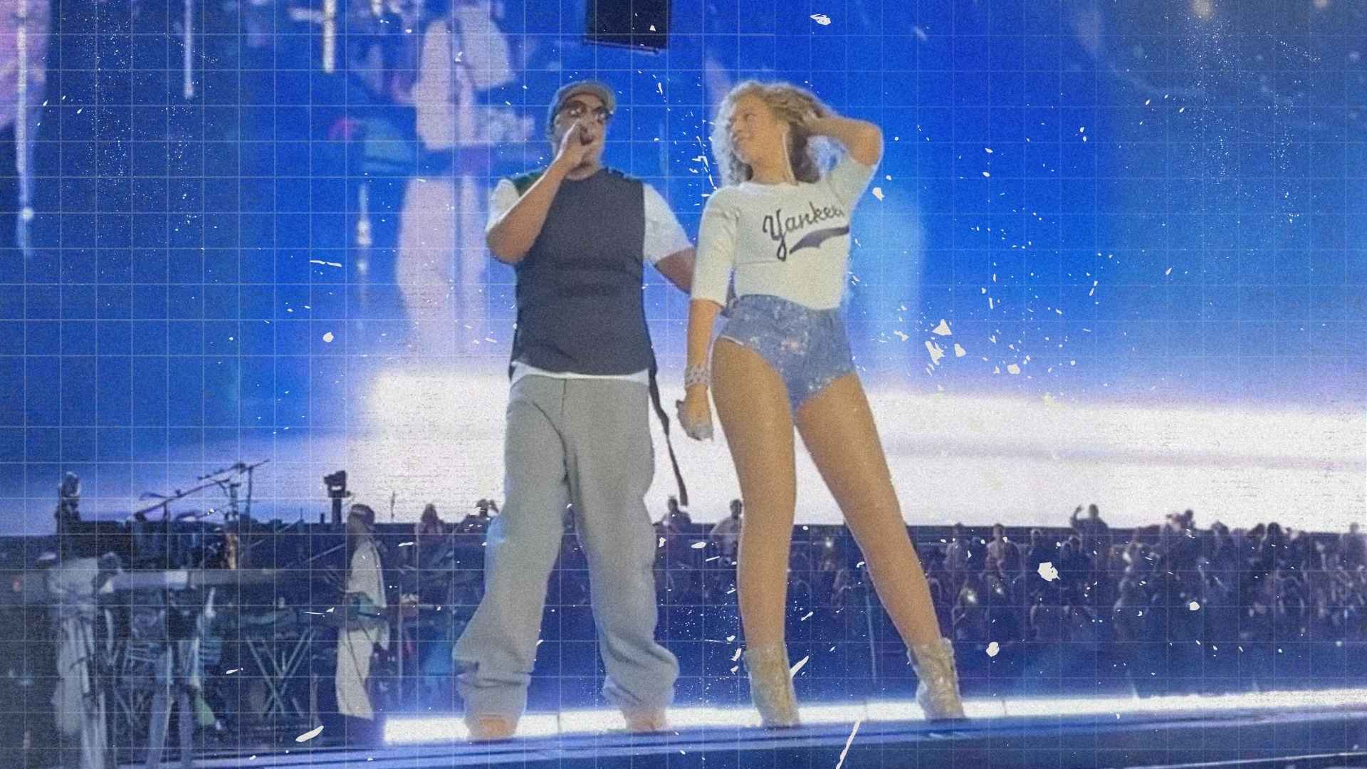 Beyoncé performs "Drunk in Love" on stage at Yankee Stadium during a live concert while fans cheer from the audience.