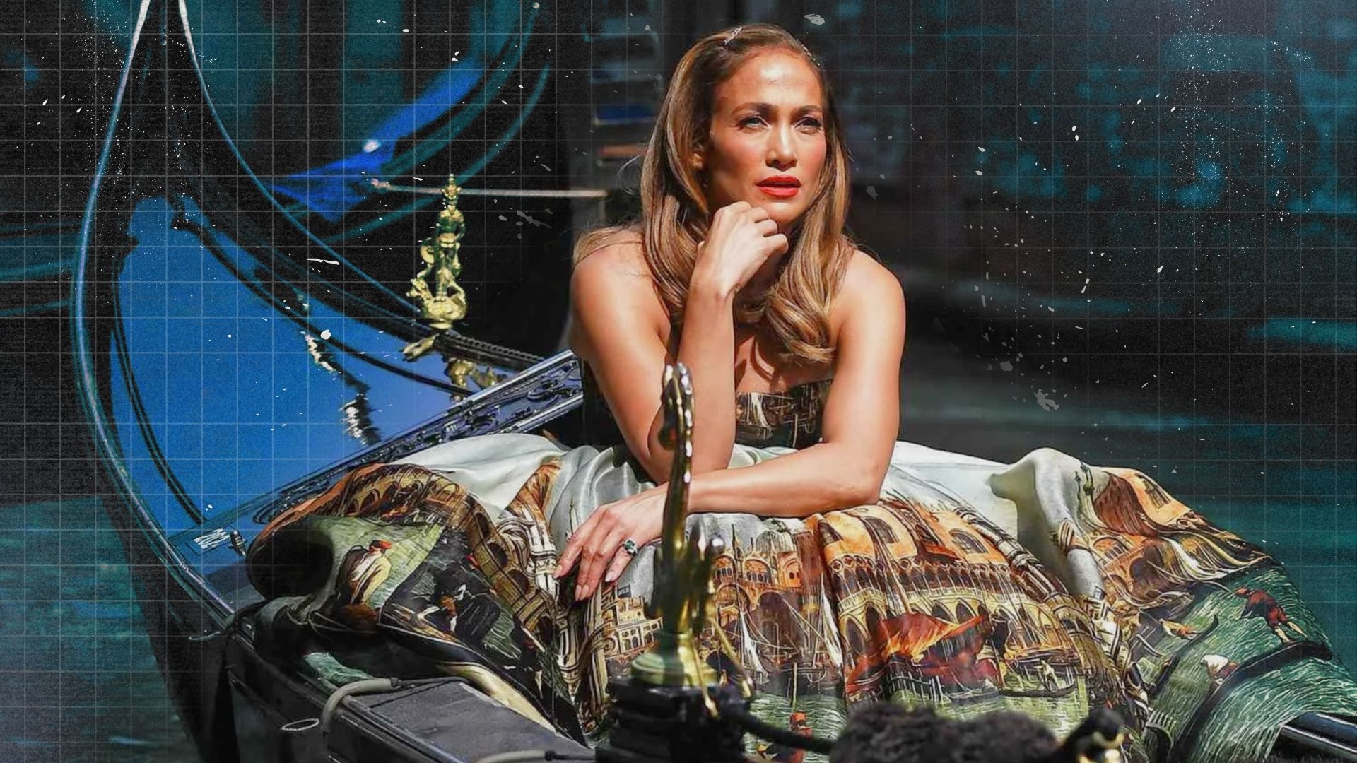 Jennifer Lopez enjoying a gondola ride through the canals of Venice, Italy during her family vacation.