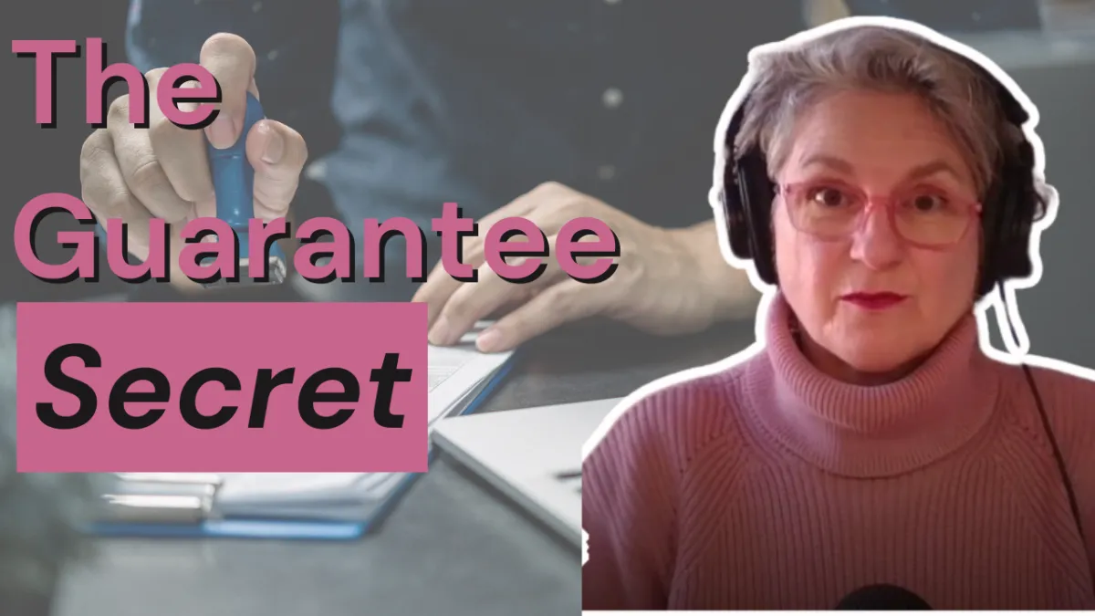 A YouTube thumbnail titled "The Guarantee Secret" featuring a split-screen design. On the left, a high-quality close-up photo shows a hand firmly pressing a red "Money Back Guarantee" rubber stamp onto a professional document. On the right, a video still of Cordes Lindow speaking passionately during the podcast. The background is high-contrast and professional, designed to stand out in a feed.
