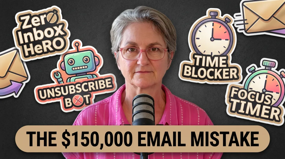 AI generated image of Cordes (my hair is not that straight or short, but the bots don't know what my hair looks like because I wear headphones) with some icons about time saving and email management. Also, text saying "The $150,000 email mistake" You'll have to read or listen to know what that is.