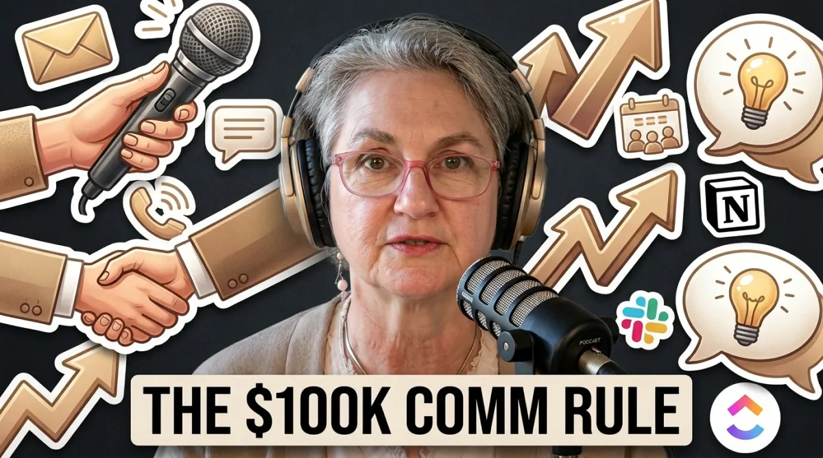 AI generated image of Cordes talking from this episode with the text "The $100k Comm Rule" and icons of phones, email, notion, handshakes, clickup, asana, business growth, light bulbs.