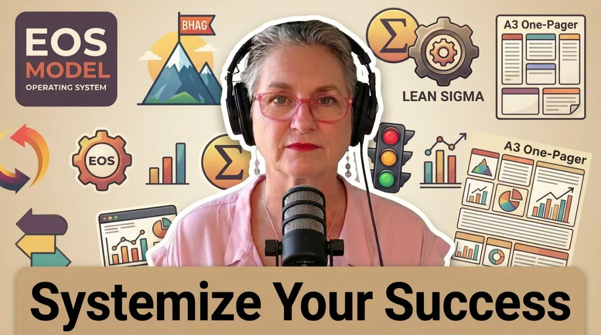 AI generated image of Cordes wearing headphones with the text, "Systemize Your Success" and icons representing topics from this episode like EOS, BHAG, traffic light, dashboards