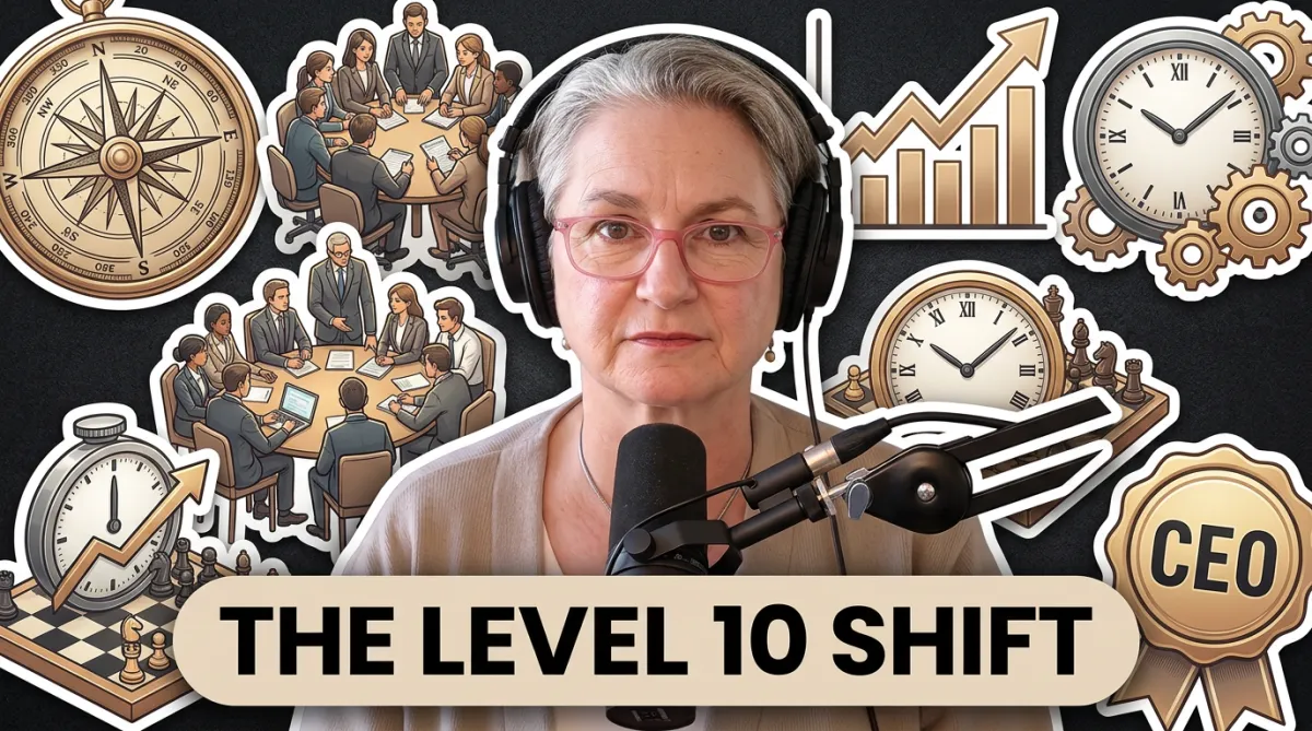 AI generated image of Cordes with headphones and a microphone with the text 'the level 10 shift' and icons representing the topics of the episode - meetings, CEO badge, clocks.