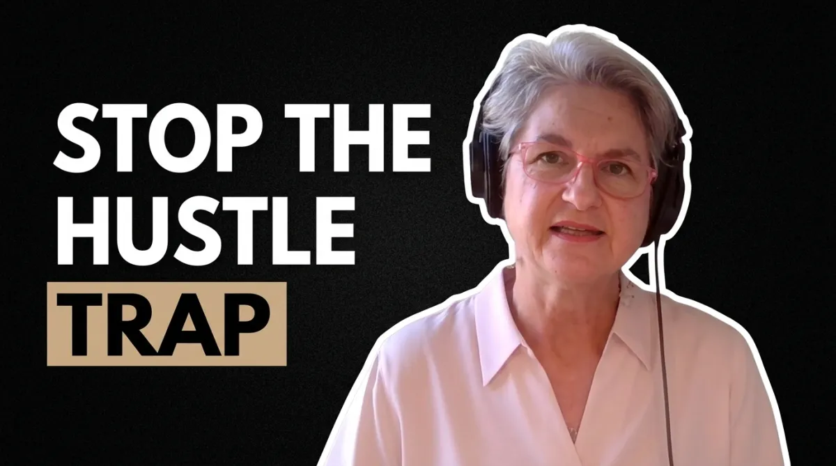 I generated an image of Cordes from the actual video. She is wearing headphones and speaking and the text reads "Stop the hustle trap."