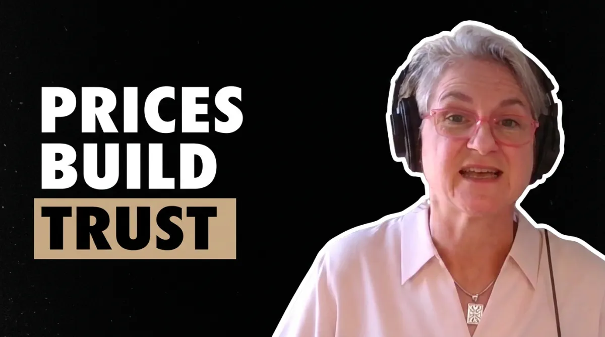 AI-generated headshot of Cordes from the video recording with the text: "PRICES BUILD TRUST"