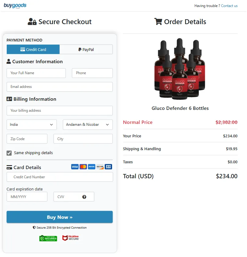 Gluco Defender payment checkout