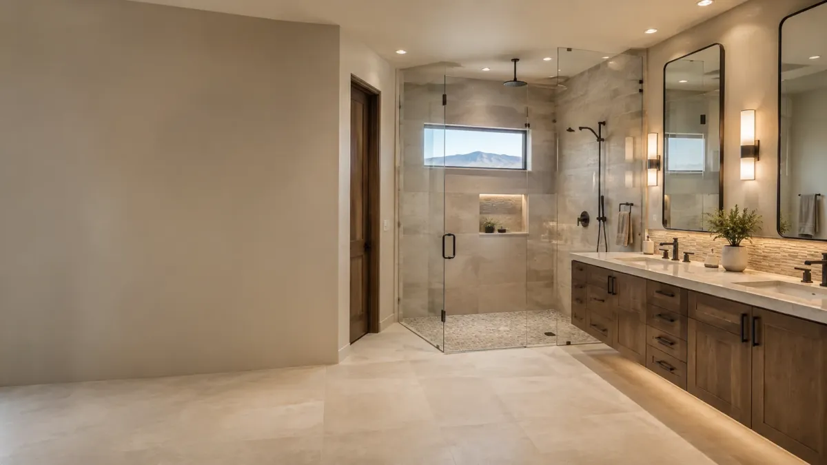 Luxury bathroom remodeling in Fountain Hills AZ featuring a frameless walk-in shower, custom wood vanity, quartz counters, and mountain views.