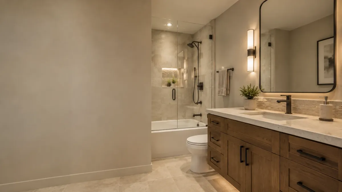 Guest bathroom remodeling in Fountain Hills AZ featuring a custom wood vanity, quartz countertop, modern shower tile, and upscale fixtures.