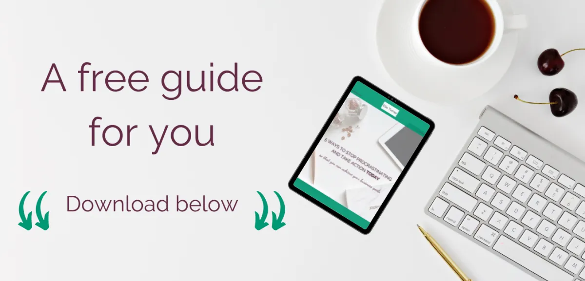 Ipad displaying free guide within flat lay including white keyboard, gold pen, cup of coffee and two cherries