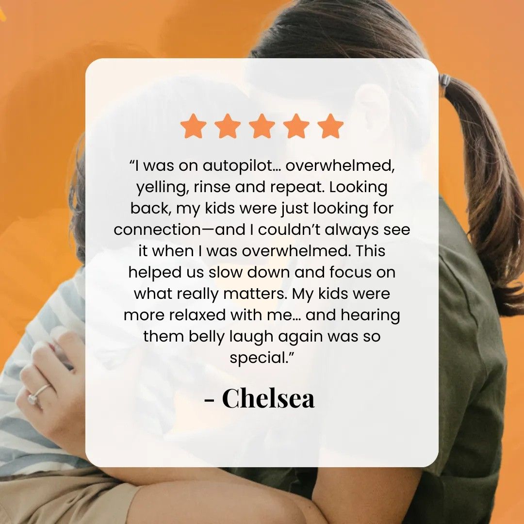 A five-star testimonial overlaid on an image of a mother and child sharing a close moment. The quote expresses deep trust and appreciation for the parenting guidance.