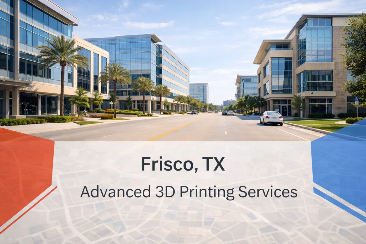 Modern commercial district scene representing professional and innovative 3D printing services in Frisco, Texas.