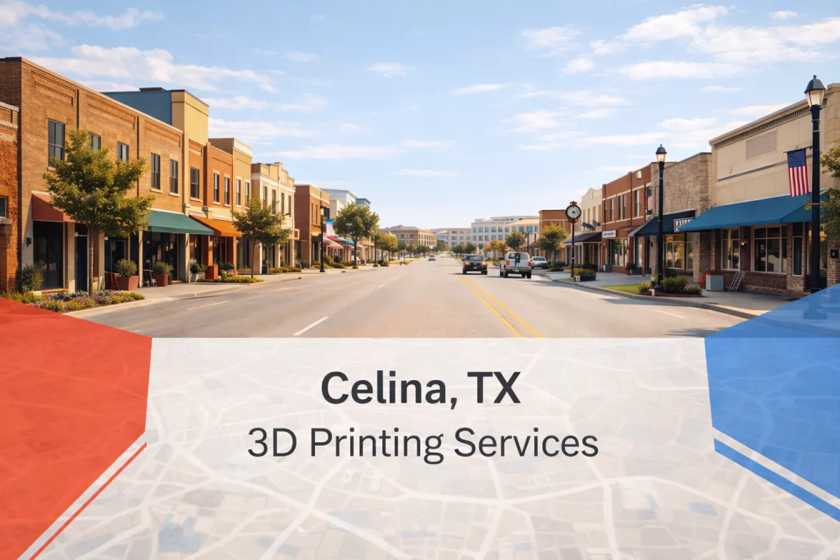 Small-town North Texas streetscape illustrating local 3D printing services available in Celina, Texas.