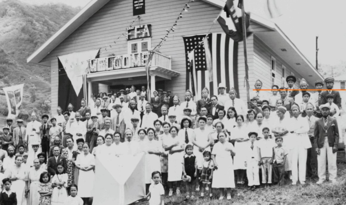 A formal portrait of the Moncado Preservation Society founders, three Filipino elders in traditional attire, standing together in a lush garden. Their expressions are proud and welcoming, symbolizing leadership and cultural stewardship.