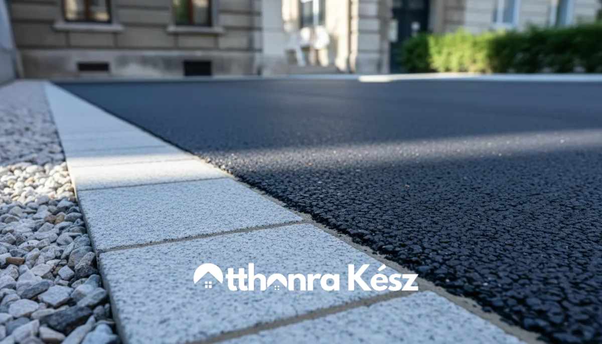 Precíz aszfalt szegélyezés térkővel és kavicsággyal: minőségi udvari bejáró kivitelezés az Otthonra Kész csapatától.