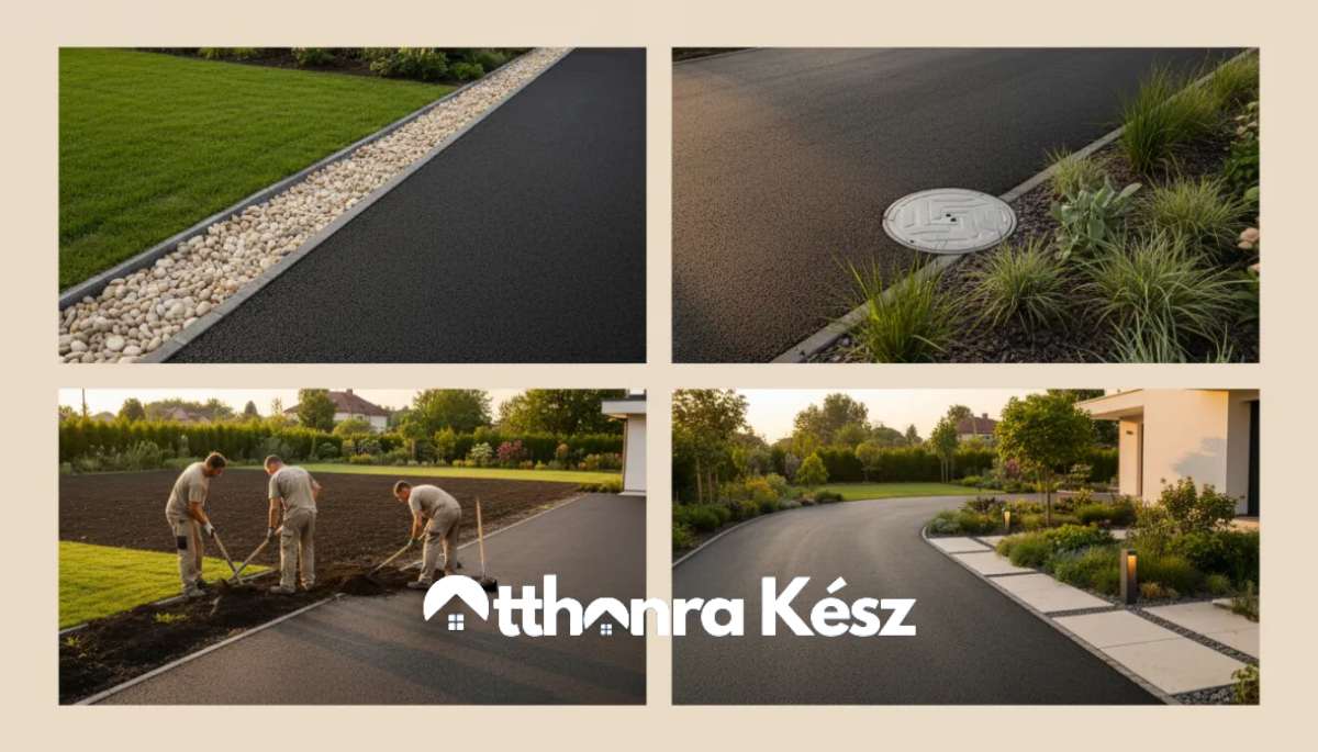 Elegáns aszfaltozott kocsibeálló harmonizál a zöld kerttel