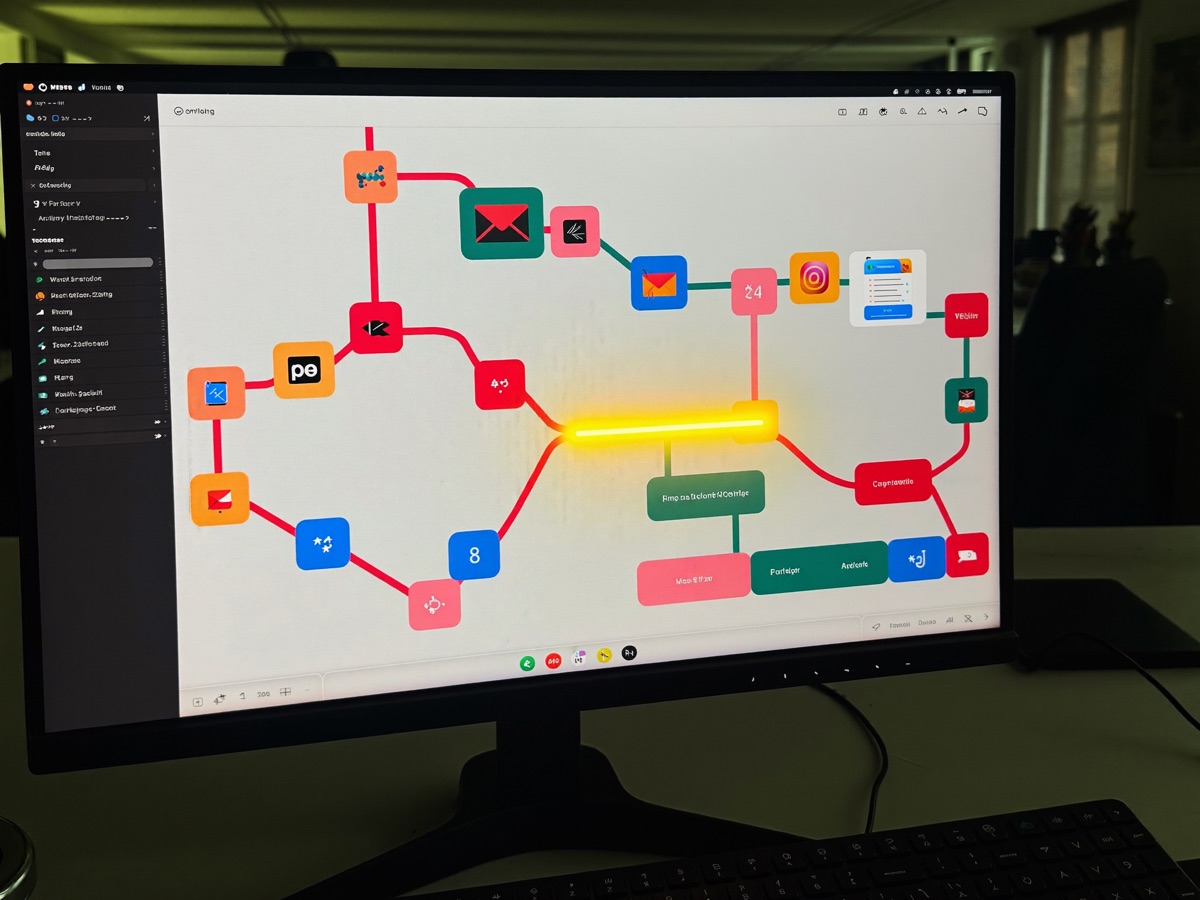 Automation workflow canvas connecting email, calendar, chat and payment apps