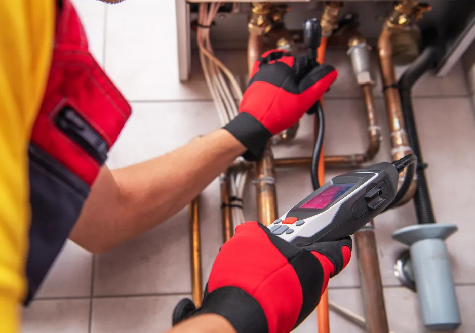 Licensed plumber inspecting an accessible gas line connection