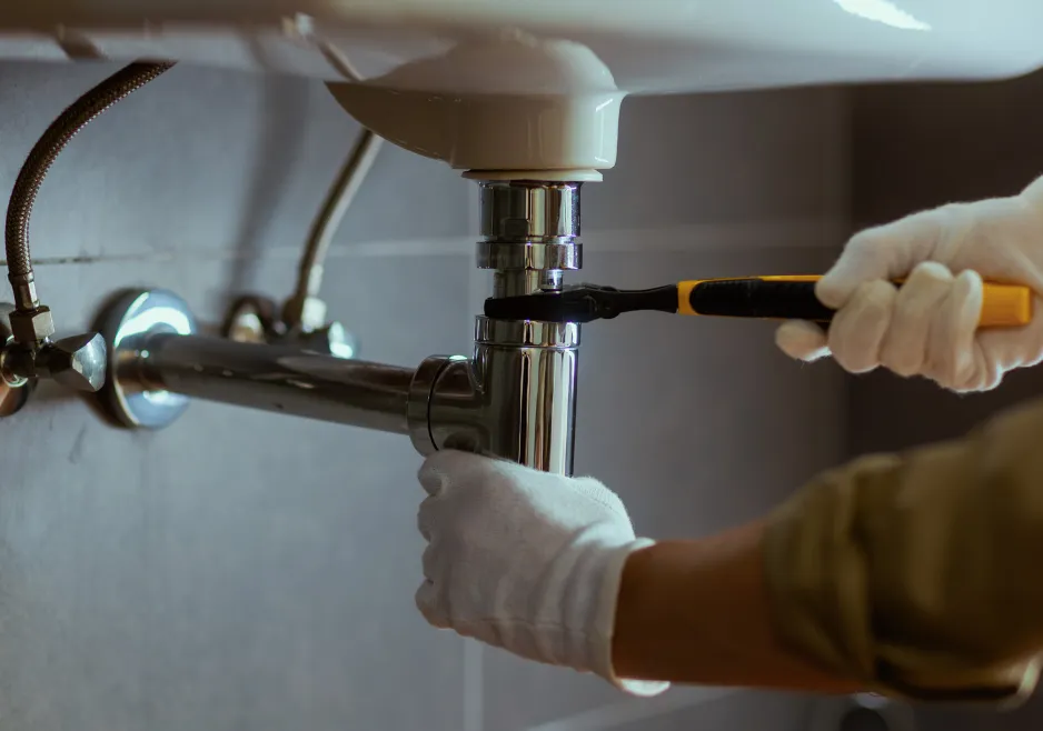 Plumber installing a faucet and checking its water connections