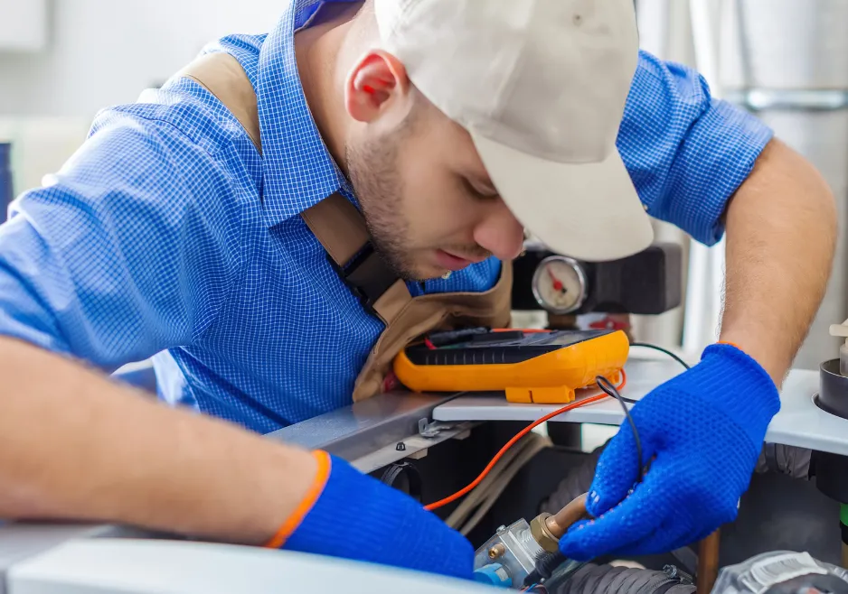 Plumber fitting and inspecting residential water pipes