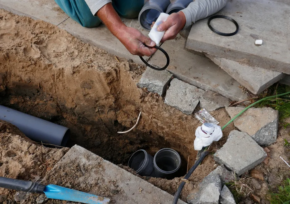 Plumber fitting and inspecting residential water pipes