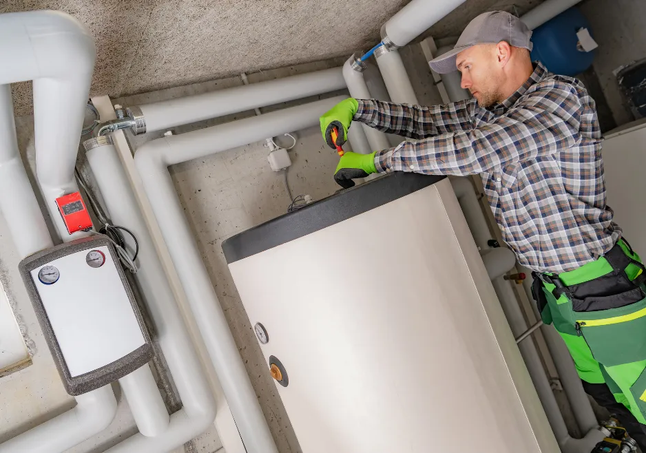 Plumber inspecting accessible pipes inside a commercial property