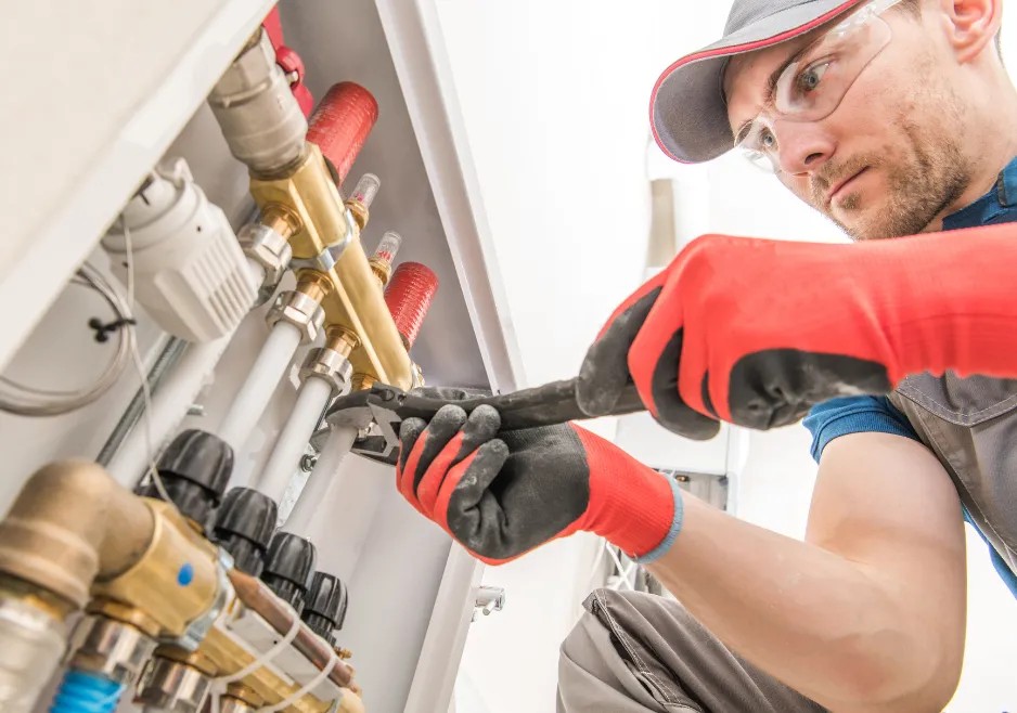 Plumber inspecting accessible pipes inside a commercial property