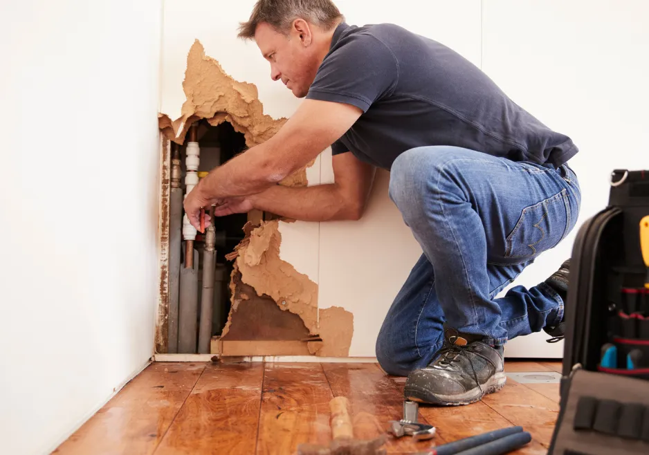 Plumber inspecting the connections on a specialized plumbing system