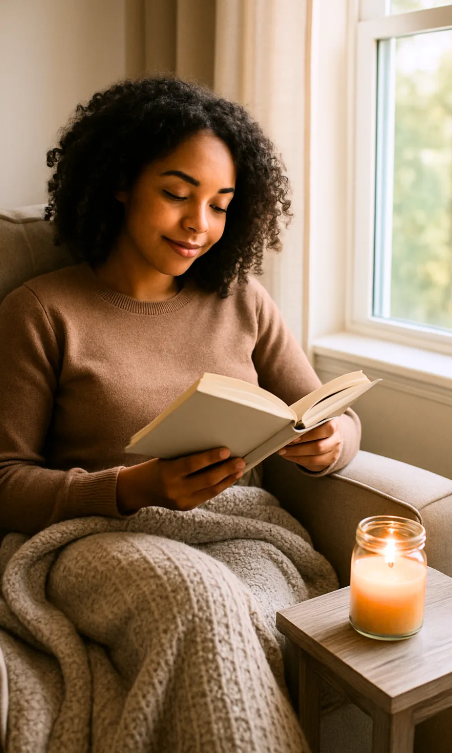 Woman enjoying peaceful reading time with candle and book subscription box
