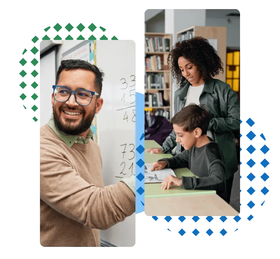  A teacher smiles while explaining math on a whiteboard, and nearby, a woman helps a young student with their schoolwork at a desk.