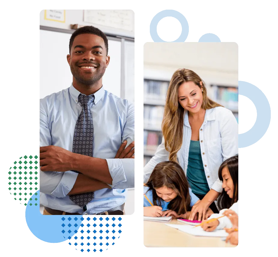 A confident teacher stands smiling in front of a whiteboard, while a woman helps two young students with their writing at a table.