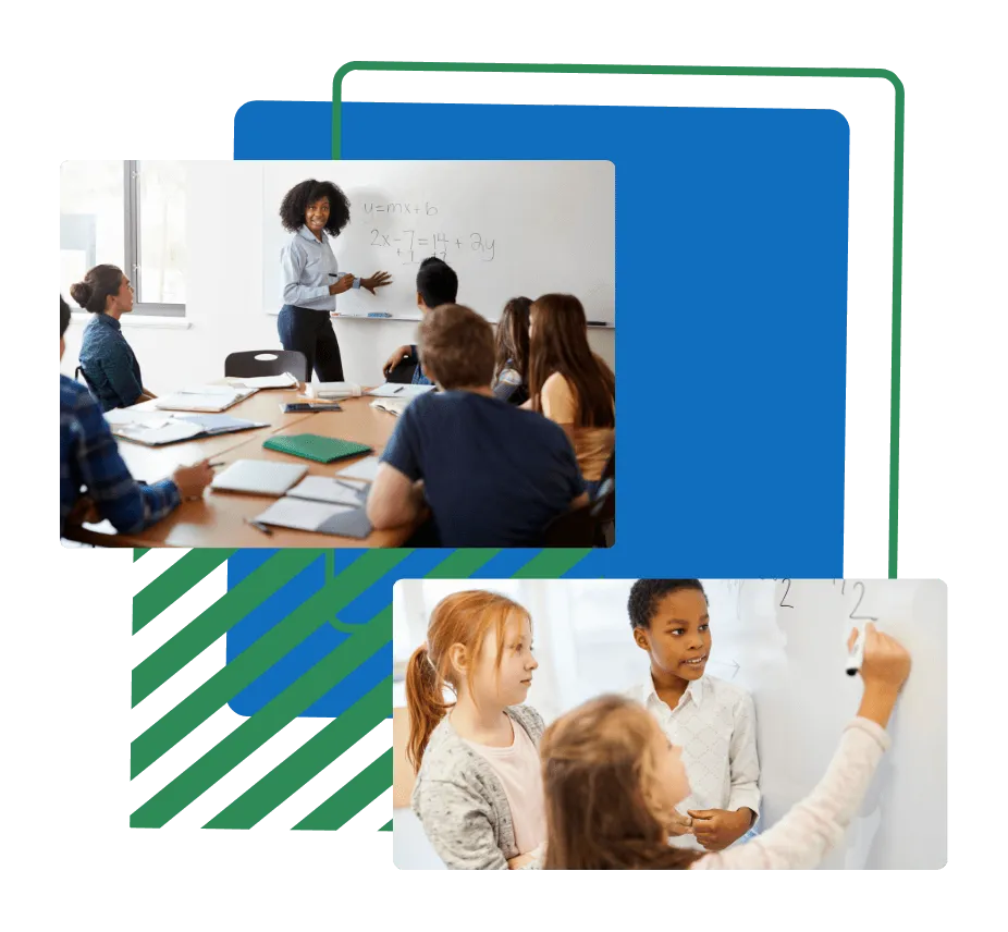 A teacher explains a math problem to a group of students, while younger children collaborate at a whiteboard, solving equations together.