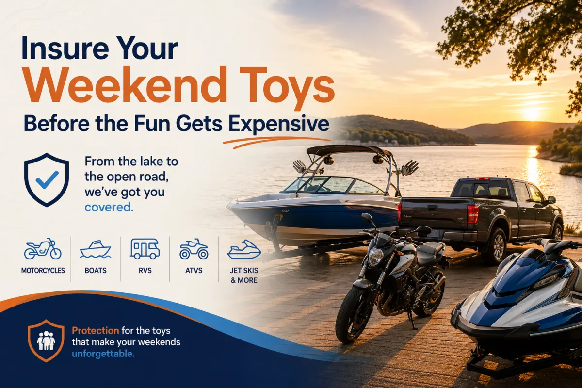 Motorcycle, boat, RV, and ATV parked outdoors, representing recreational vehicle insurance coverage in Texas.